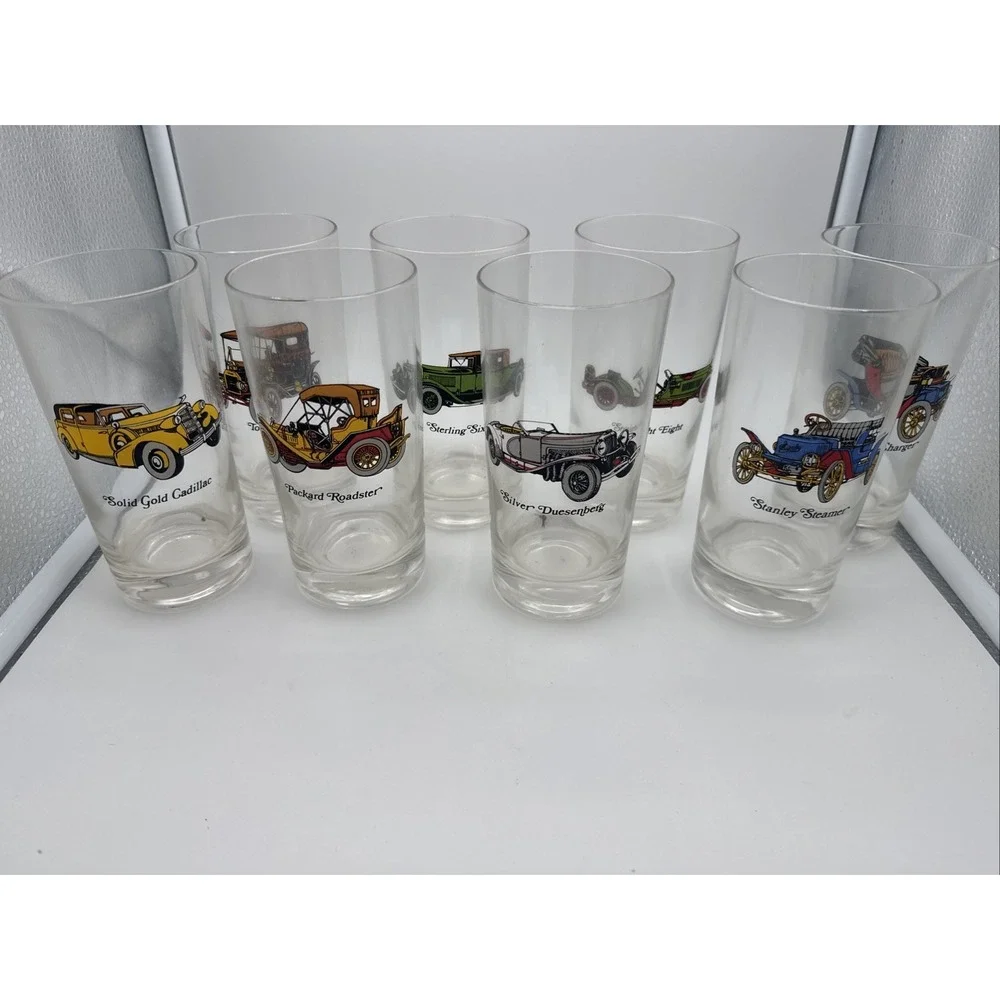 Set‎ Of 8 Highball Glasses Antique Cars Auto Bar Man Cave Cadillac Charger